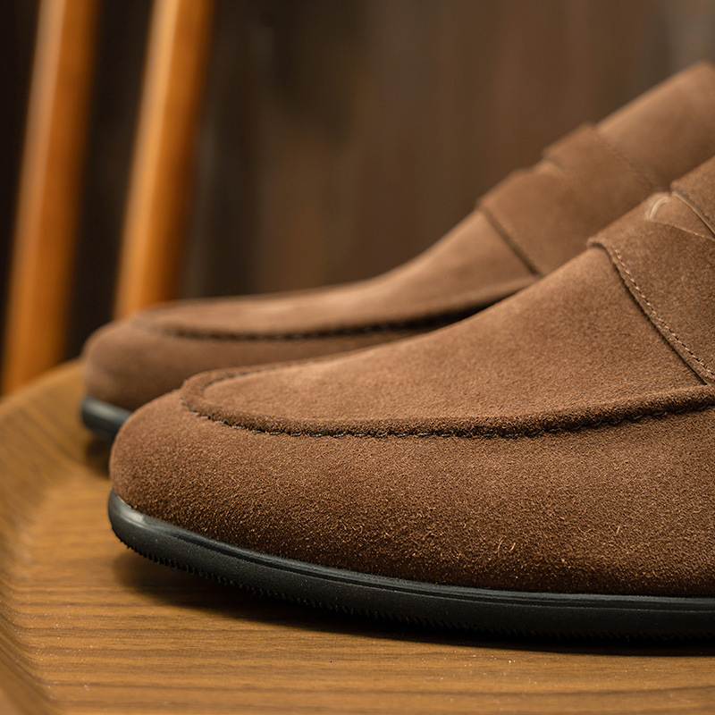 Le Fu shoes men's leather soft soled bean shoes, one foot stepping suede suede frosted business casual leather shoes European station men's 