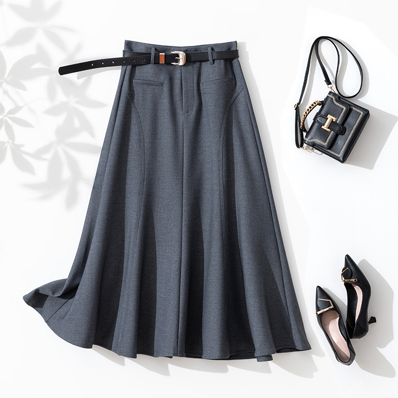 D6190 Spring and Autumn new high waist skirt mid-length style Slimming and hip-covering versatile long skirt temperament A-line skirt umbrella skirt