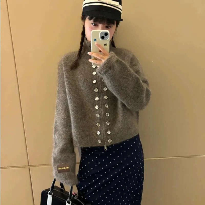 Fluffy Knitted Cardigan Sweater woman High Collar Double Breasted Sweater Coat Autumn Winter Lazy Zipper Knitwear Top 250113