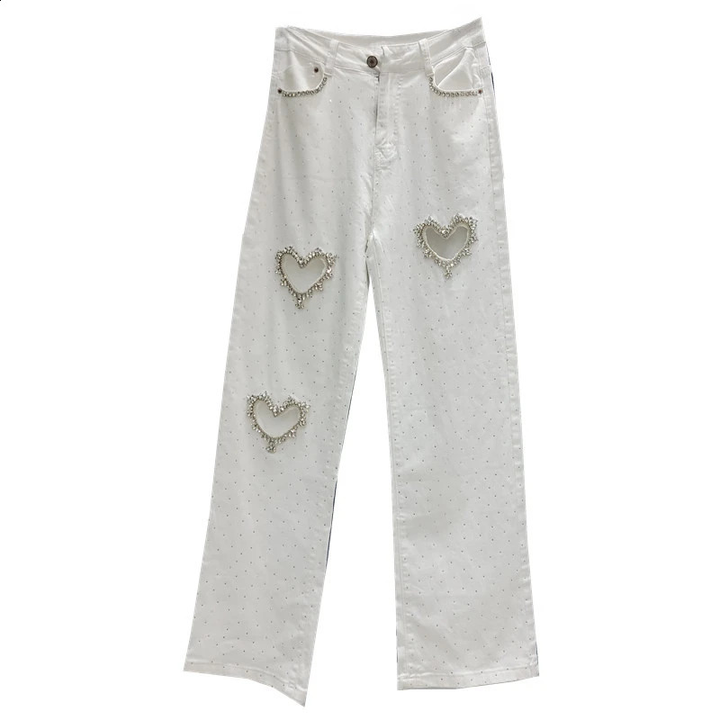 Love Rhinestone Jeans for Women Spring and Autumn Wide Leg Straight Mop Trousers Street White Denim Pants 250113