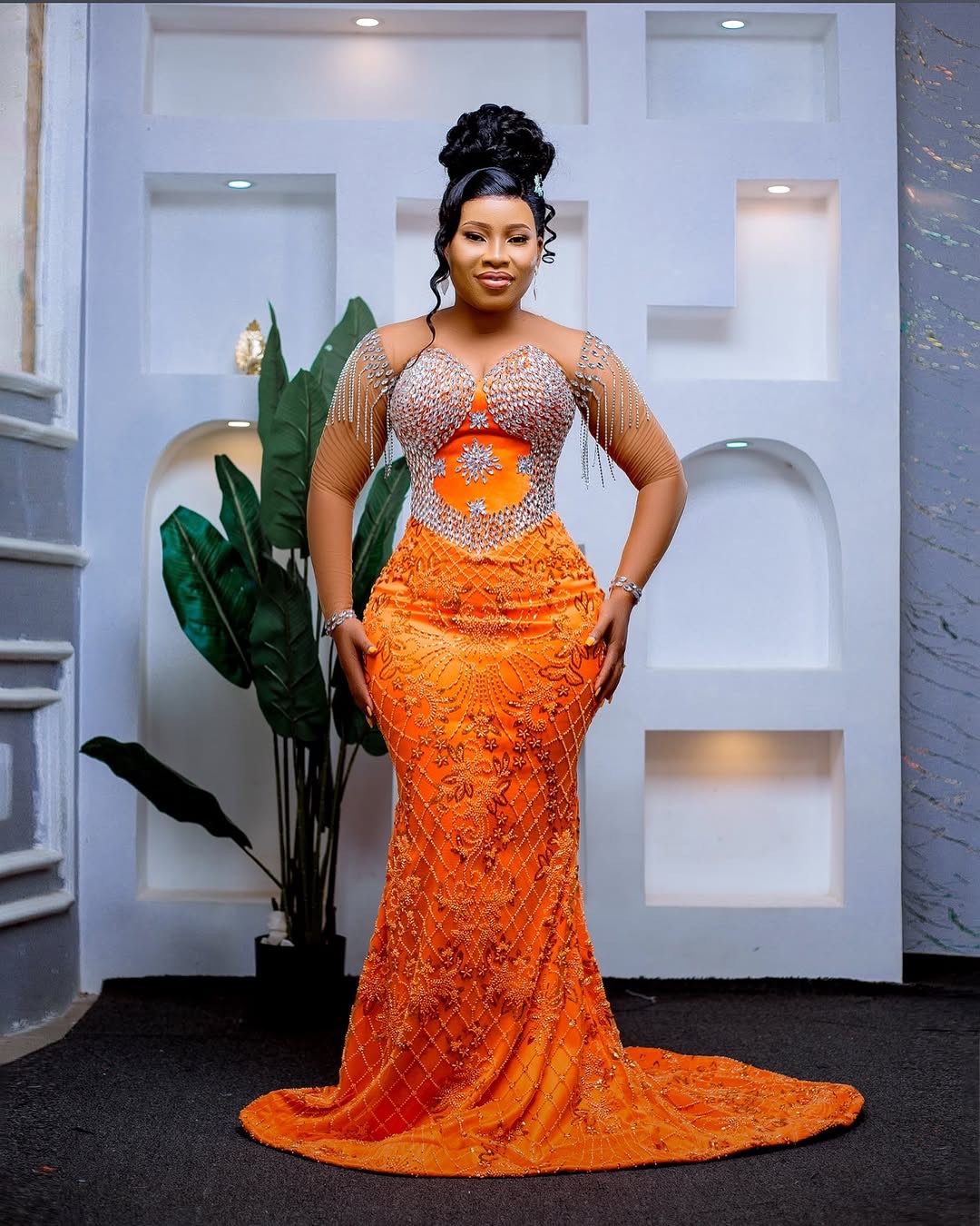 Aso Ebi Orange Mermaid Prom Dresses 2025 Crystals Lace Beaded Evening Formal Party Second Birthday Engagement Gowns Plus Size Dress For Special Ocns