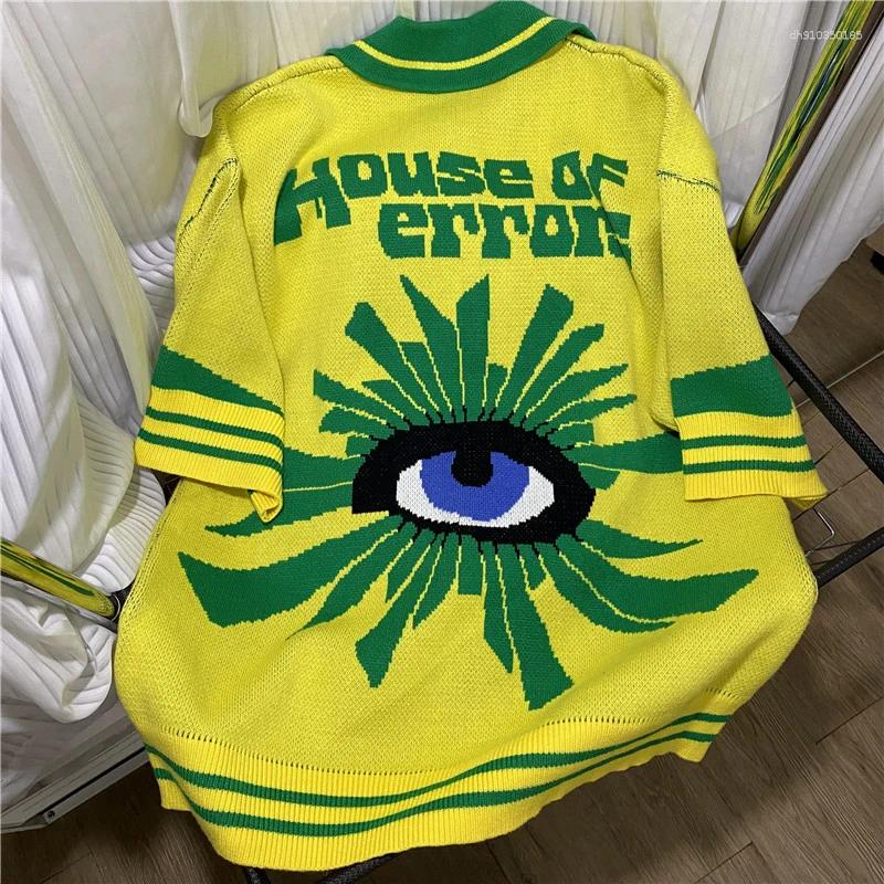 Men's Polos American House Of Error Eye Truth Number 20 Green Simple Lines Jacquard Embroidery Logo Polo Collar Contrast Knitted Sweater