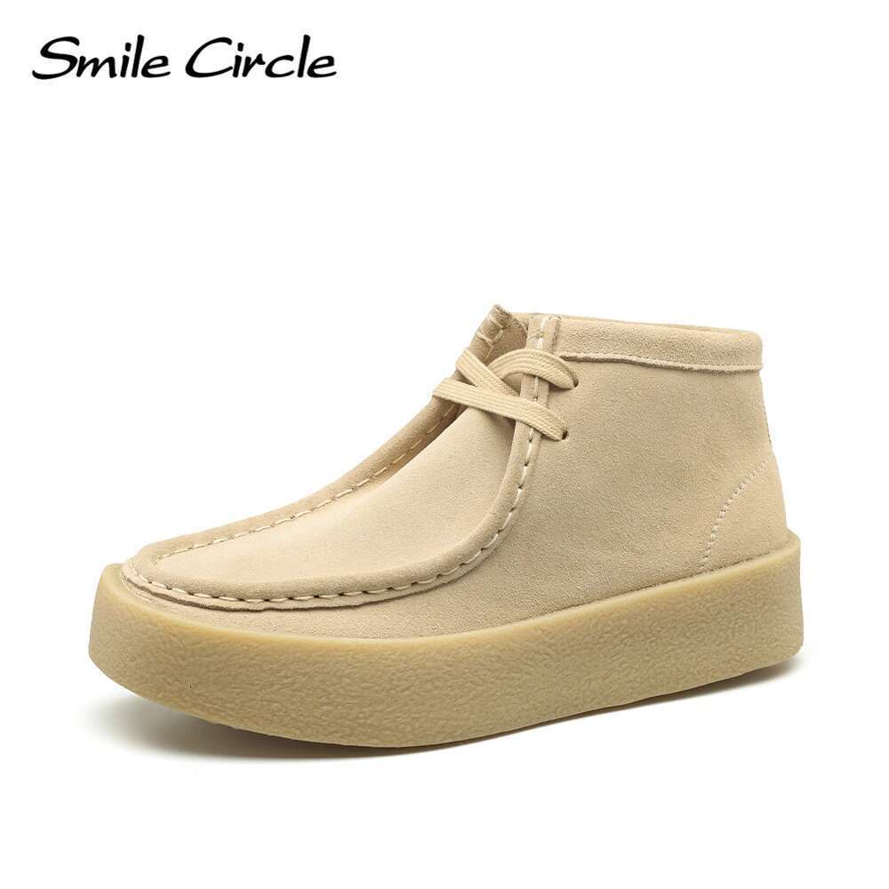 Smile Circle Cow Suede Leather Women Lace up Ankle Boots Thick Bottom Comfortable Flat Casual Shoes