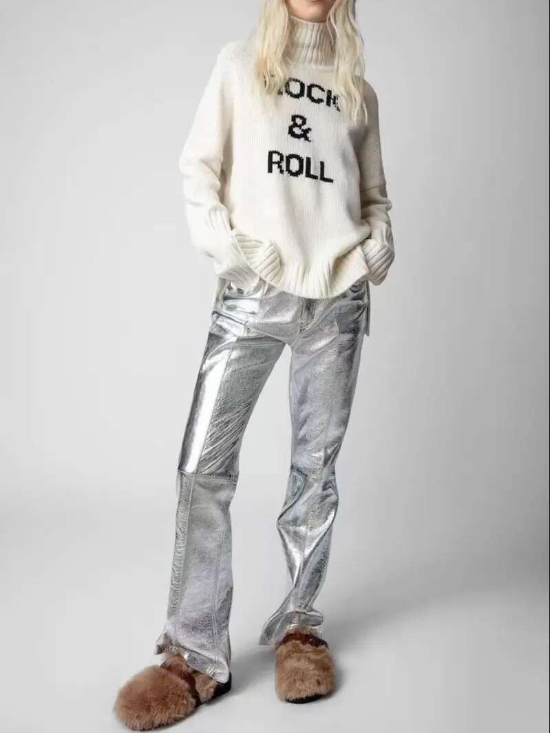 100% Cashmere Women Turtleneck Sweater 2022 New 2 Colors Letter Jacquard Casual Long Sleeve Female Jumper Tops For Autumn Winter