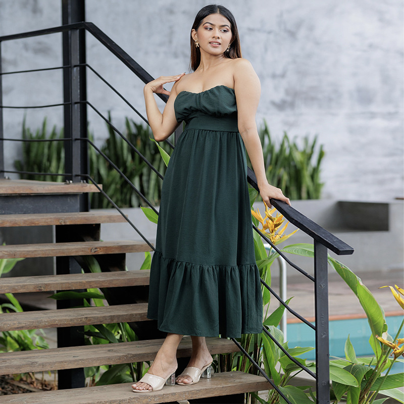 T5170 Women's 2025 Spring New Fashion Tube Top Sleeveless High Waist Slim Fit Pleated Long Dress