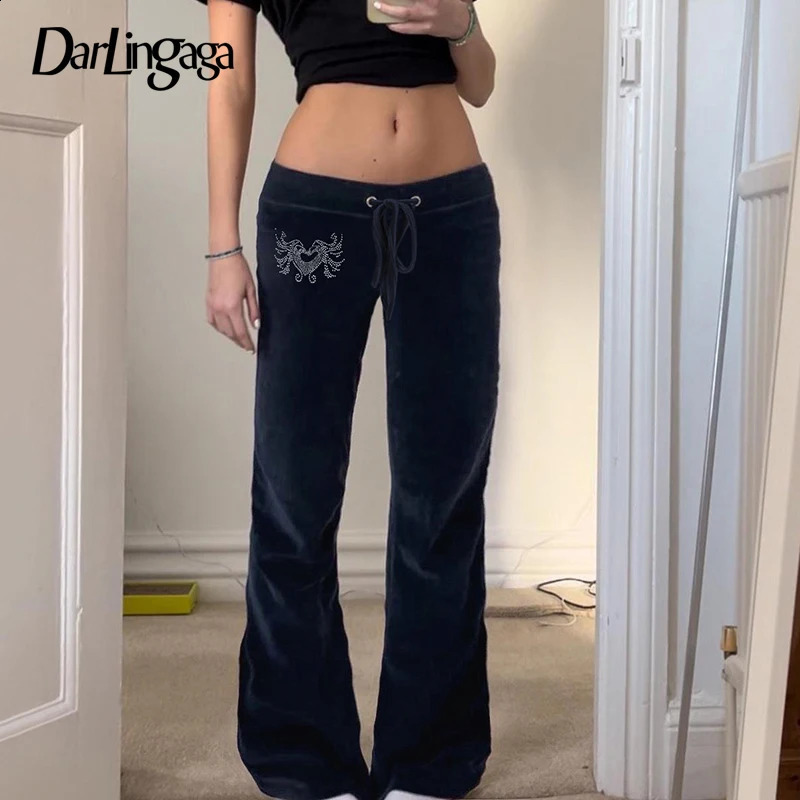 Darlingaga Vintage Low Waist Velvet Womens Pants Harajuku Rhinestone Boot Cut Trousers 2000s Autumn Sweatpants Y2K Bottoms Chic 250109