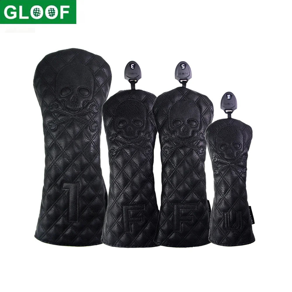 GLOOF Golf Skull Skeleton Head Cover Golf Club Black Leather cover set Fits Driver Fairway Wood Hybrid Golf supplies 250110