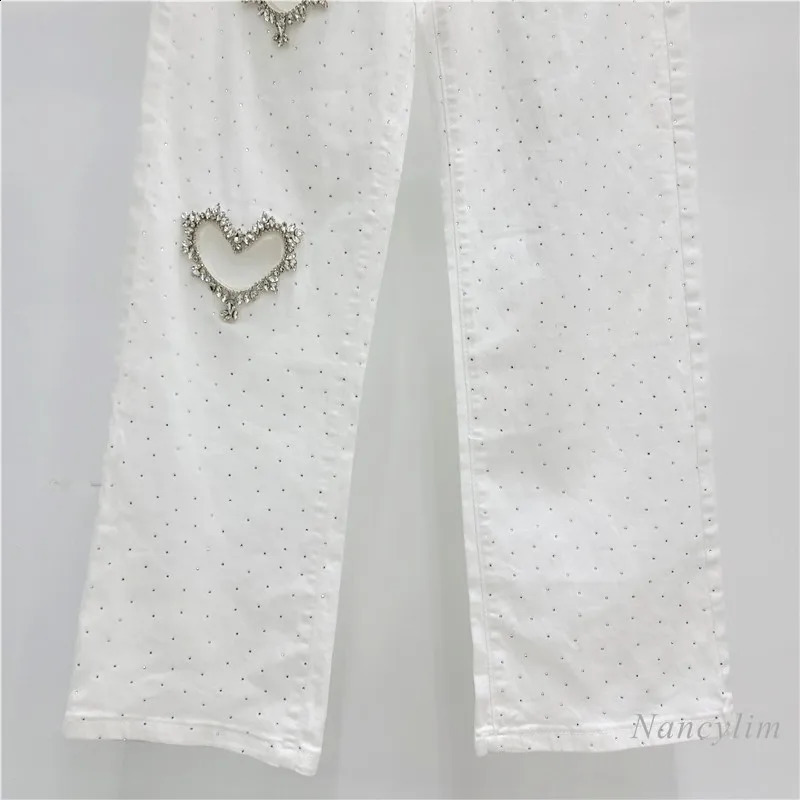 Love Rhinestone Jeans for Women Spring and Autumn Wide Leg Straight Mop Trousers Street White Denim Pants 250113