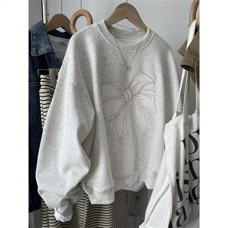 South korea Dongdaemun Heavy Industry Embroidery Bow round Neck Hoodie Women Spring and Autumn Thin Small Loose Short Top 250113