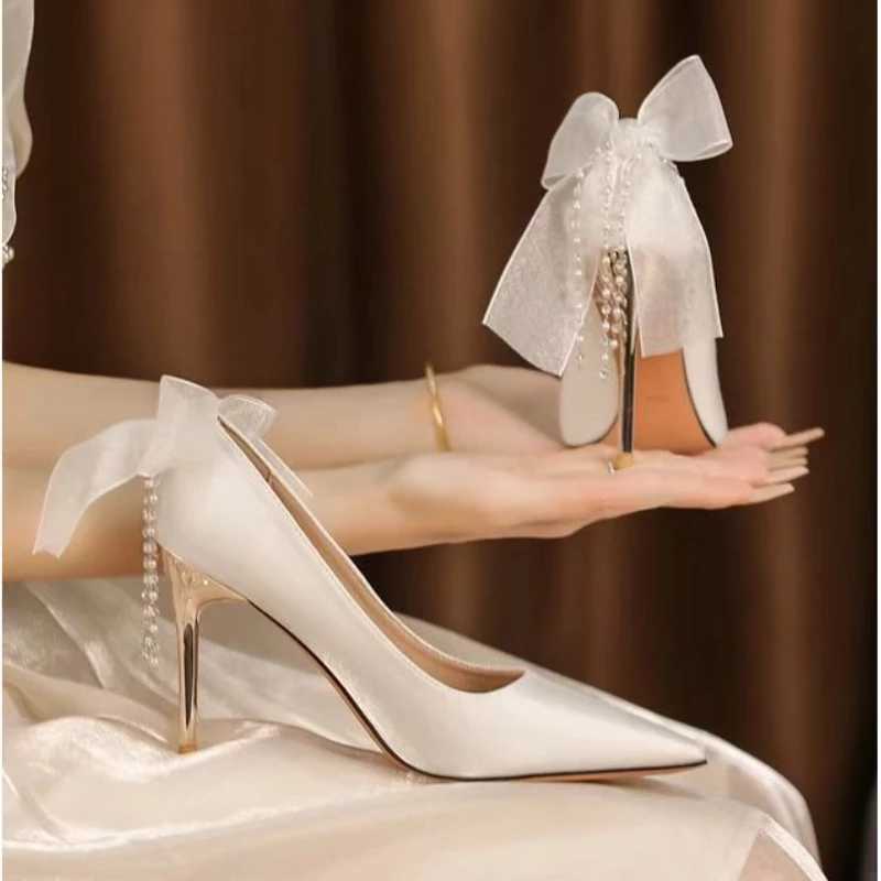 Wens Sandals Summer New High Pointed Satin Bow Beaded Wedding Shoes New Fashion Temperament Stiletto Hot Party H Z250121