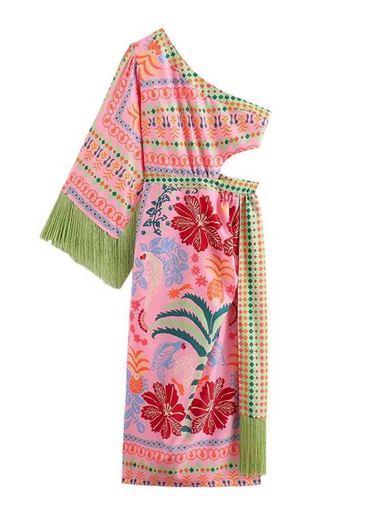 Basic Casual Dresses Womens Diagonal Shoulder Tassel Midi Dress Chic Waist Hollow Out Asymmetric Irregular Hem Lady Summer Dress Evening Party Dress H