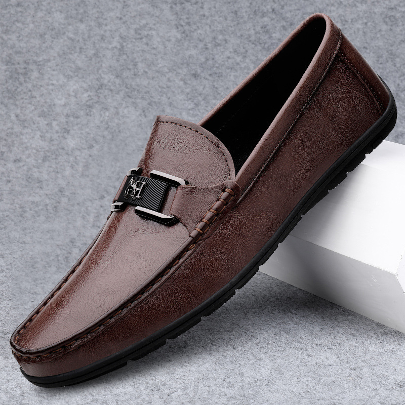 Live streaming cowhide men's bean cold adhesive shoes hot selling breathable and comfortable casual leather shoes men's set feet loafers men