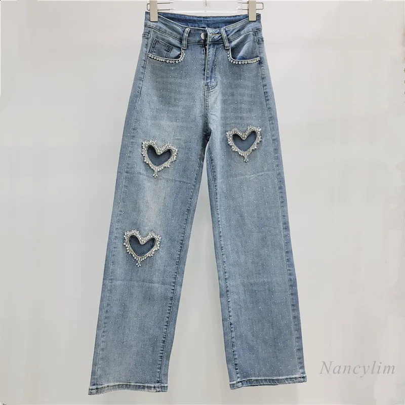 Love Rhinestone Jeans for Women Spring and Autumn Wide Leg Straight Mop Trousers Street White Denim Pants 250113