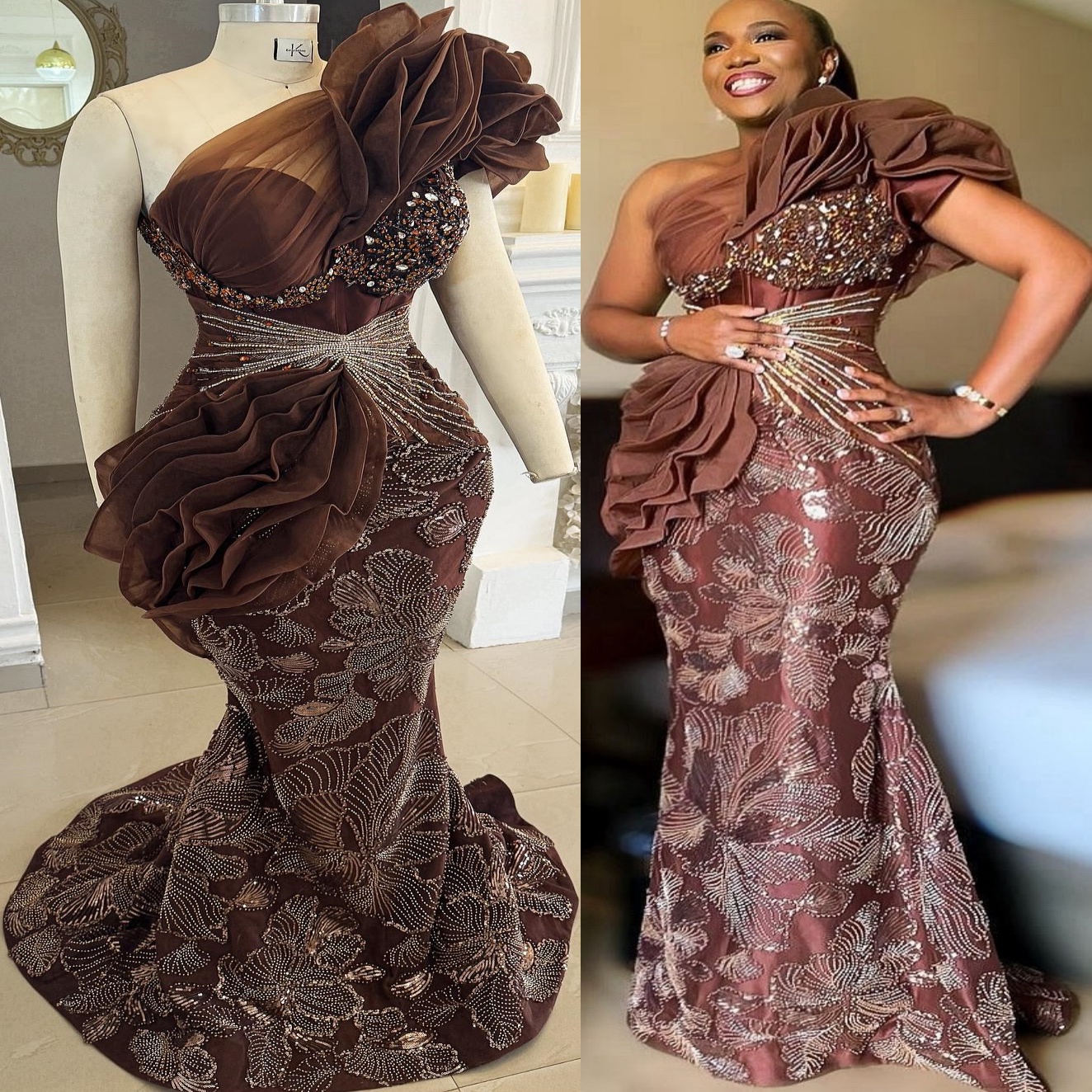 Aso Ebi Chocolate Mermaid Prom Dresses 2025 ral Lace Crystals Evening Formal Party Second Birthday Engagement Gowns Plus Size Dress For Special Ocns