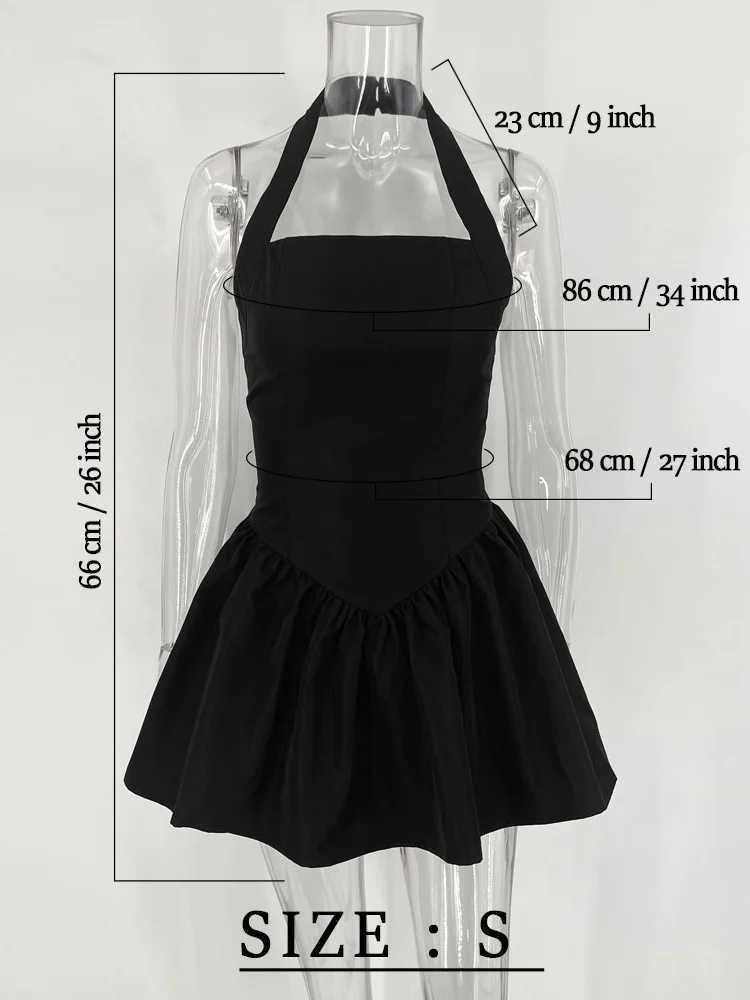 Basic Casual Dresses TARUXY Frill Mini Halter Dress For Women Splice Sexy Backless A-Line Hem Lace Up High Waisted Female Beach Black Bodycon Dress H2