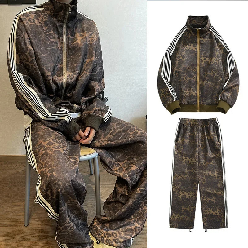 Vintage Leopard Print Sports Suit Jacket Sweatpants For Men Hip Hop Style Digital Printing Striped Vest 250120