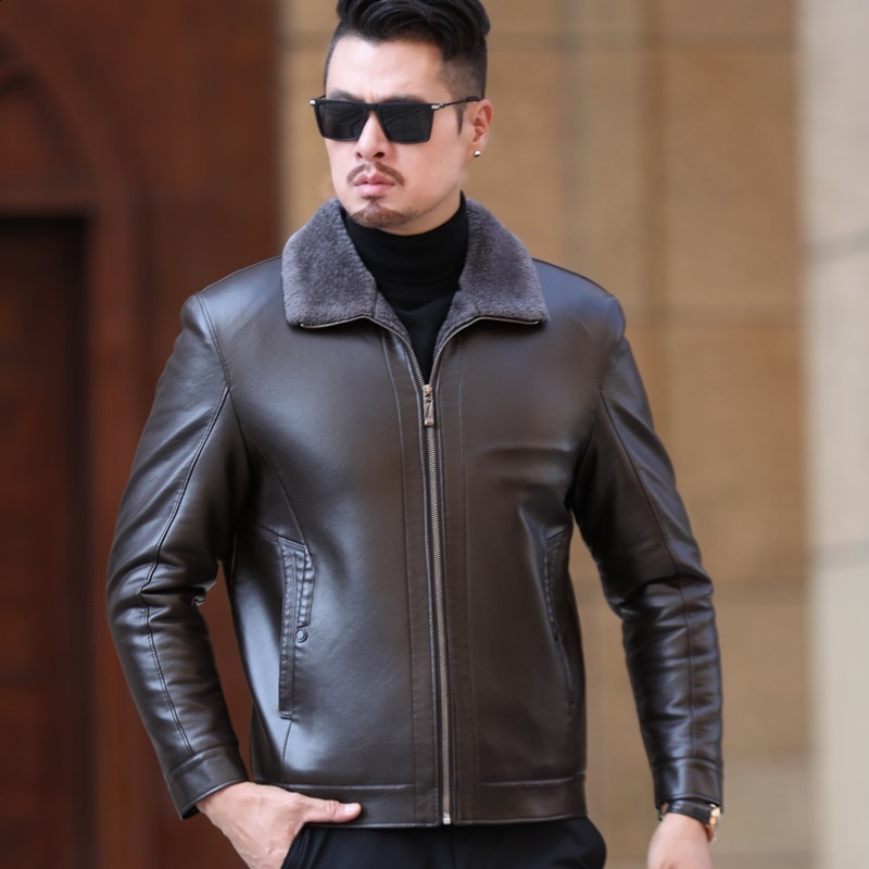 Haining loose fur one-piece dad suit leather jacket mens sheepskin casual leather jacket middle-aged mens thick coat 241118