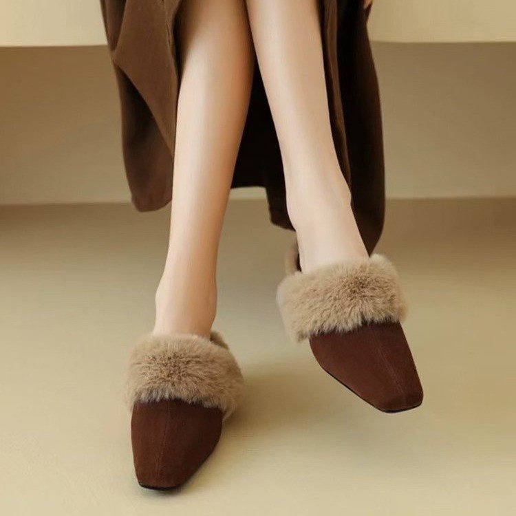 Women Slippers Plush Warm Chunky Heel New French Gentle Style Versatile Triple Brown Khaki Free shipping