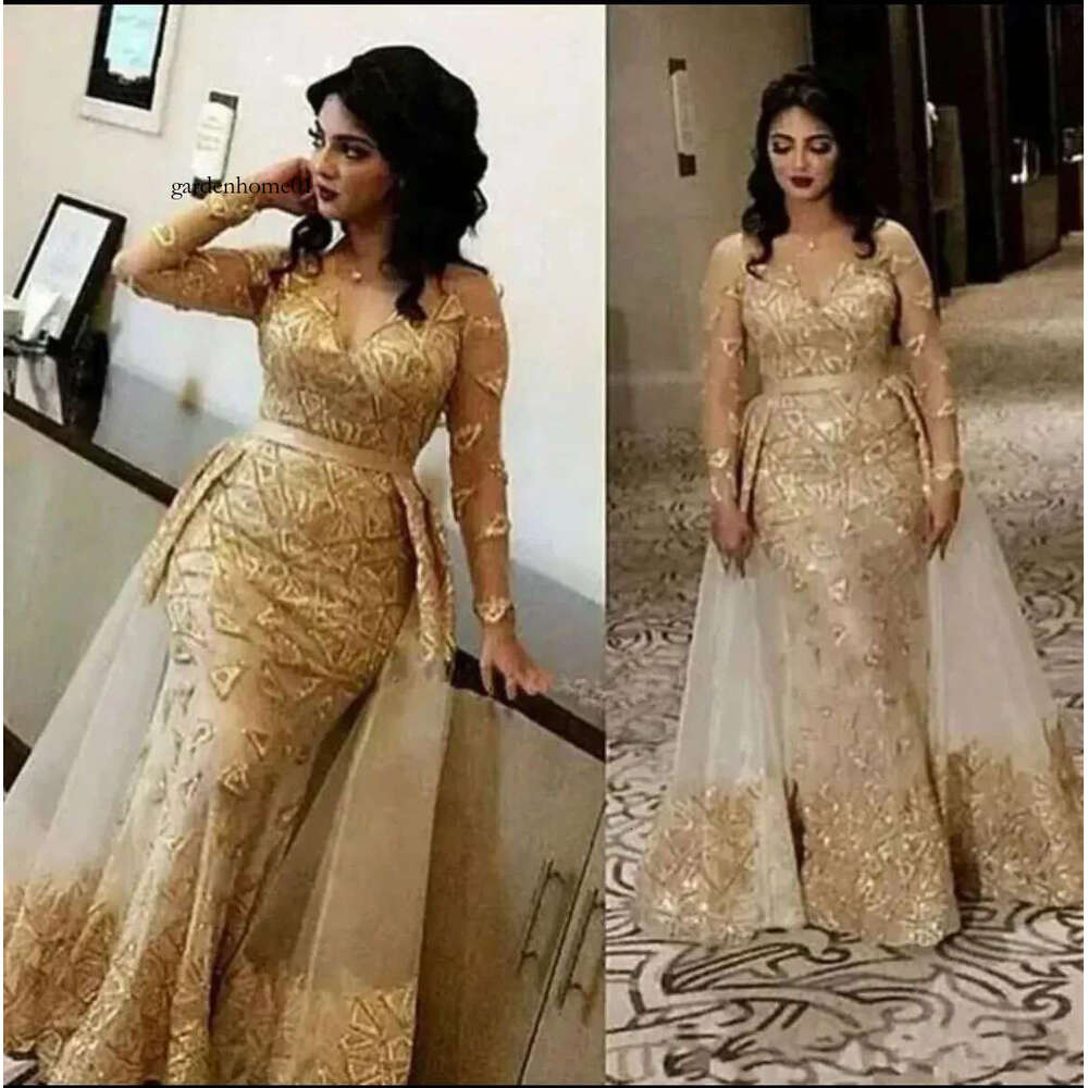 Mermaid Gold Prom Dresses Lace Full Sleeves Detachable Train Evening Formal Party Second Birthday Engagement Gowns Plus Size Dress For Special Ocns