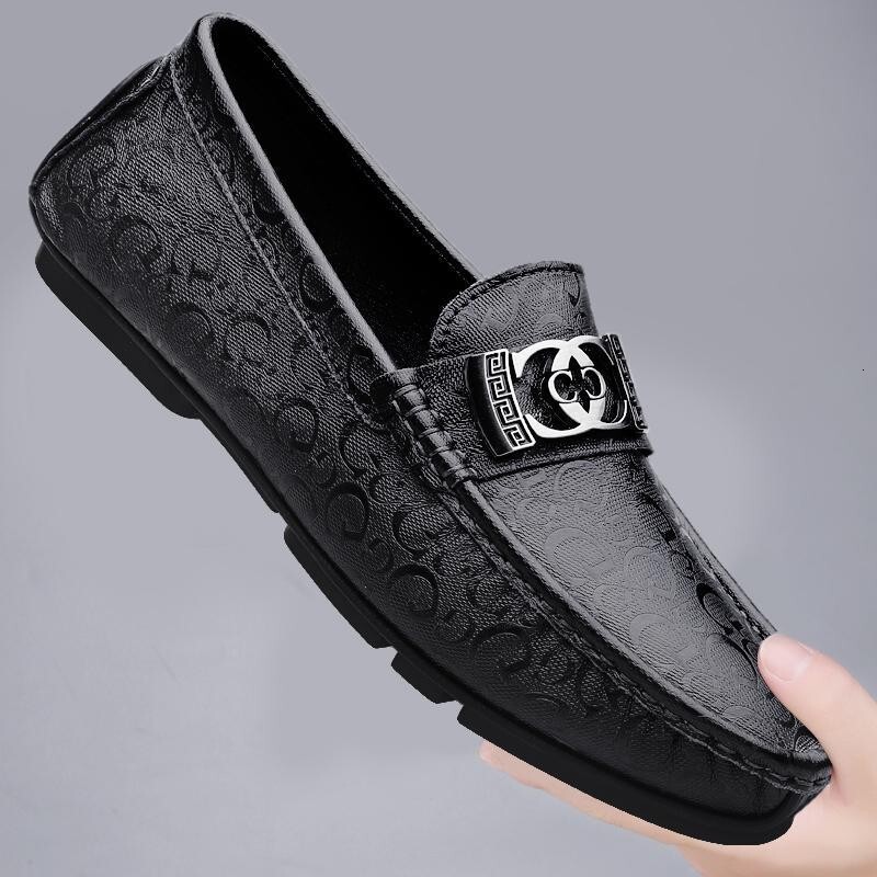 Light luxury bean shoes men's genuine leather 2023 new lazy shoes trendy brand British casual printed one foot loafers