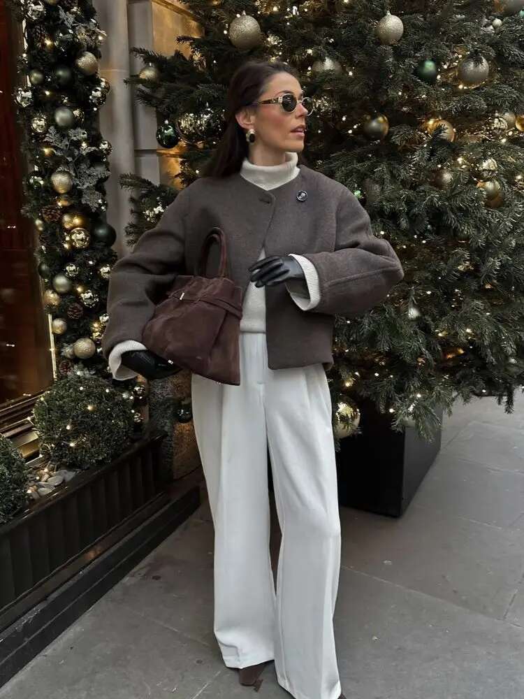 Elegant Solid Round Neck Loose Short Coat Women's Fashion Long Sleeve One Button Jacket New Lady Commute Street Outerwear