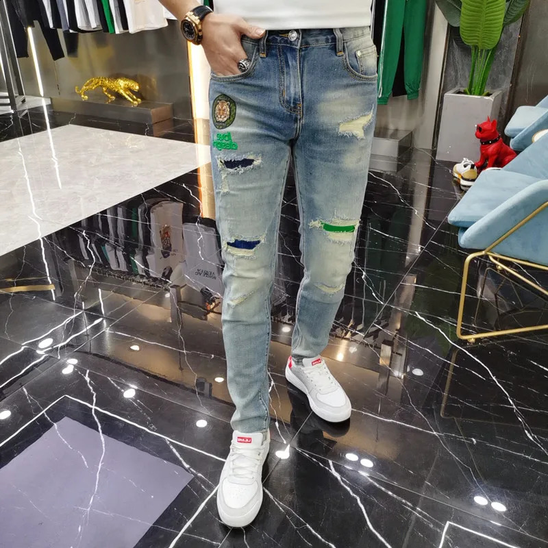 mens open top patchwork jeans embroidered leggings high-quality ultra-thin retro blue hip-hop jeans streetwear mens denim Trouser 250118