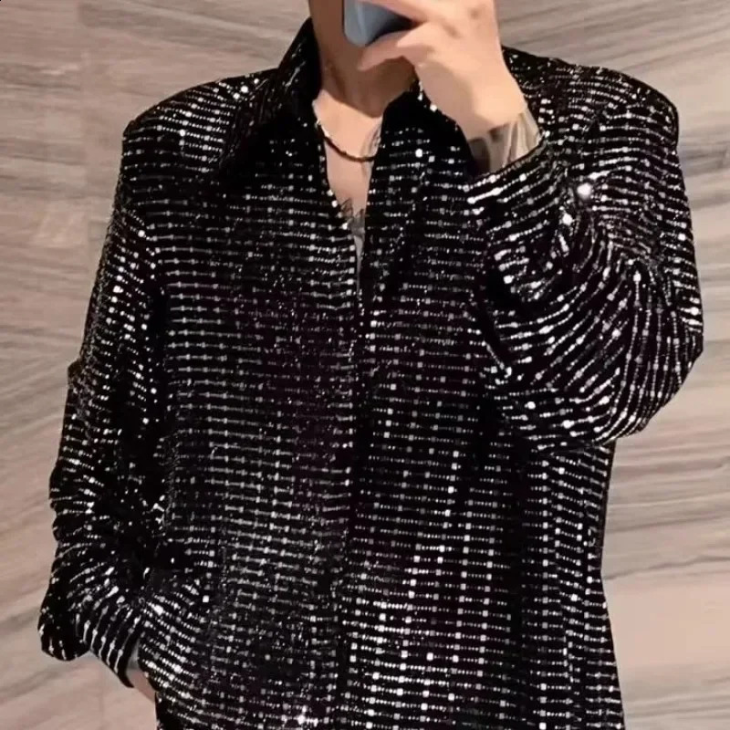 Nightclub mens long sleeved summer loose collared single chest sequined casual shirt 250110