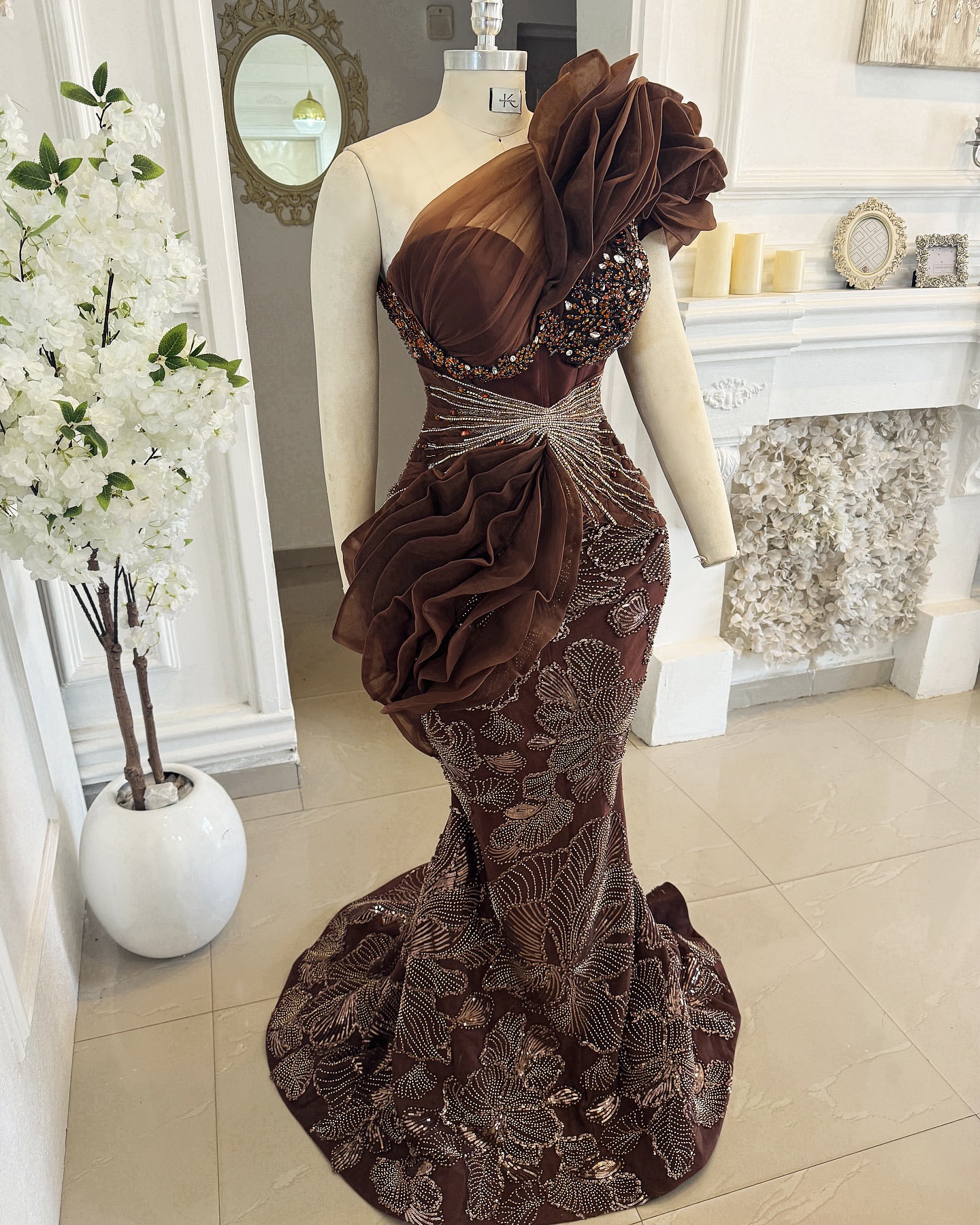 Aso Ebi Chocolate Mermaid Prom Dresses 2025 ral Lace Crystals Evening Formal Party Second Birthday Engagement Gowns Plus Size Dress For Special Ocns