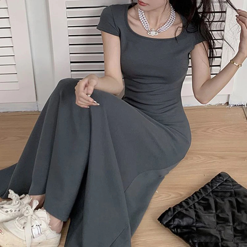 Rimocy Slim Fit Sexy Maxi Dresses for Women 2024 Summer Short Sleeve Bodycon Dress Woman Round Neck Party Club Sundress Ladies 250110Z