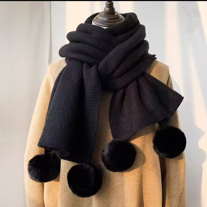 T109 solid color plush ball knitted scarf for women in autumn and winter Korean style fashionable and versatile medium and long warm neck scarf