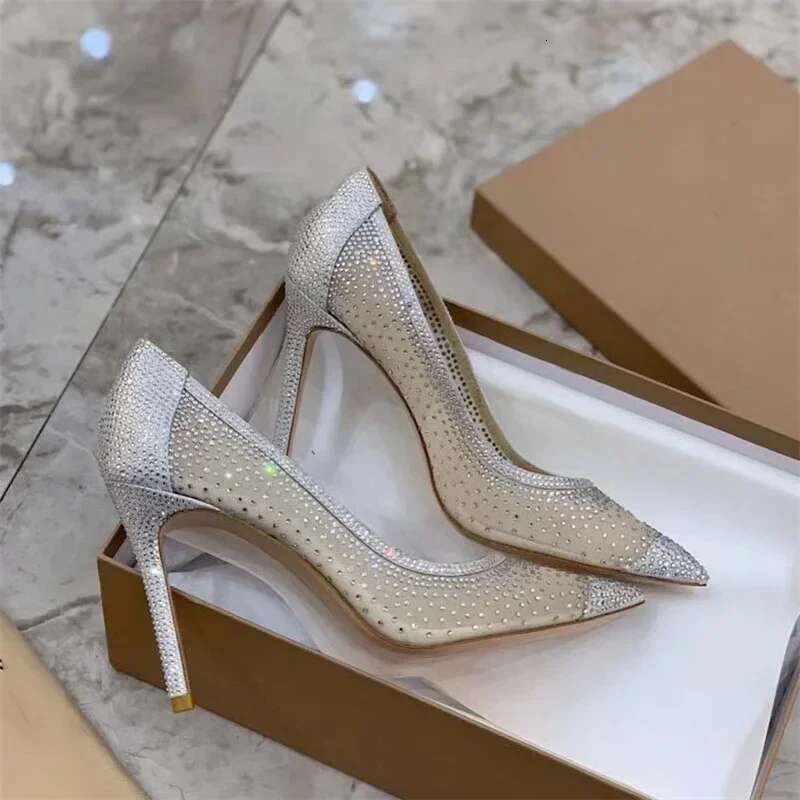 2025 New Lace High Heels, Transparent Sexy Fairy Sandals, Crystal Wedding Shoes, French Style Single Shoes