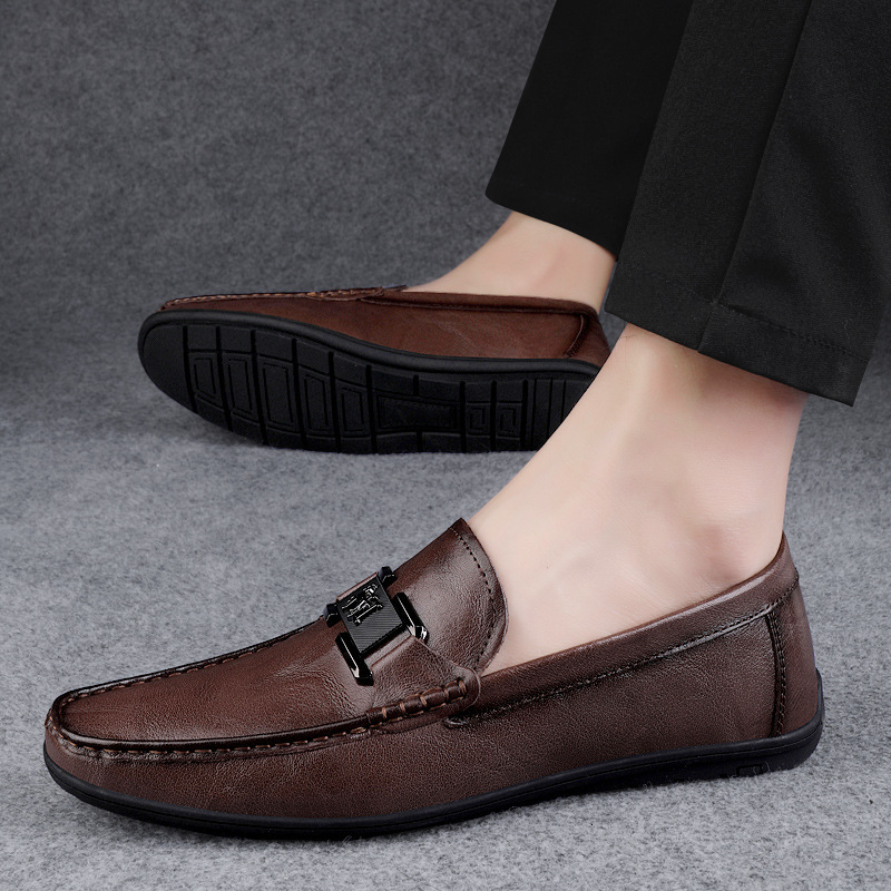 Live streaming cowhide men's bean cold adhesive shoes hot selling breathable and comfortable casual leather shoes men's set feet loafers men