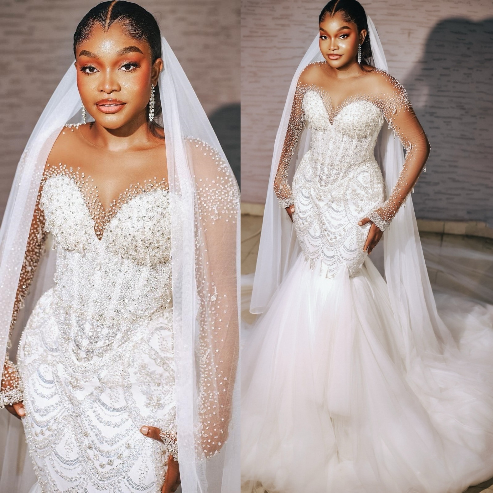 2025 Arabic Aso Ebi Plus Size Ivory Lace Wedding Dresses Crystals Beaded Full Sleeves Sheer Neck Tulle Bridal Gowns Dress For Bride ZJ038