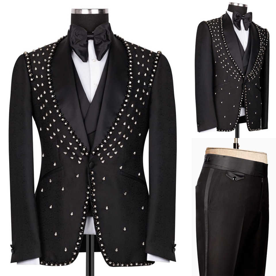 2025 New Fashion Two-pieces Customized Slim Fit Groom Tuxedos Mans Suits One Button Business Casual Suit Shawl Lapel Beading Bridegroom Tailor Custom 