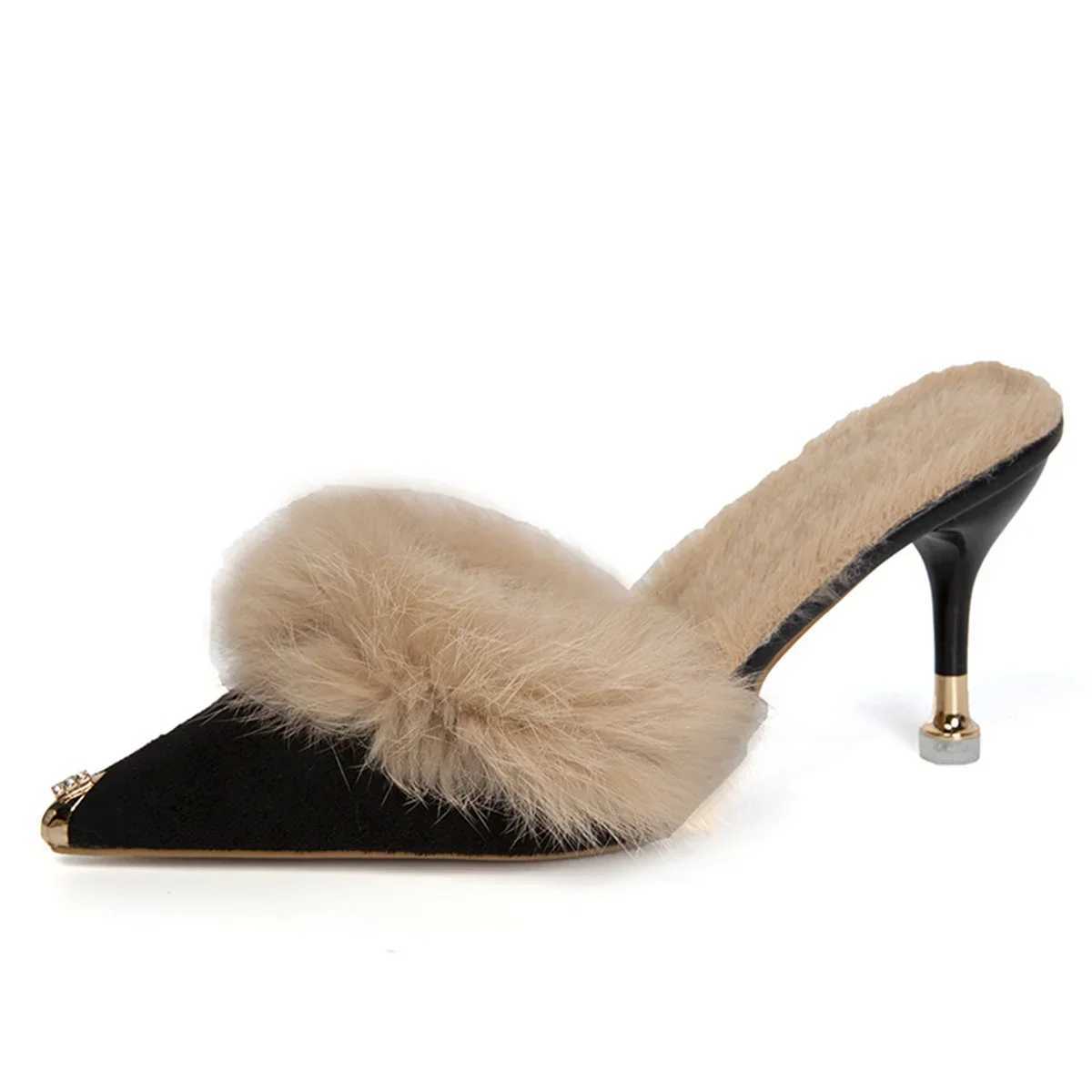 Wen High Heel Shoes 2024 Fur Slippers Mes Pointed Toe Furry Slides Fashion Elegant New Designer Flip Hot Flops Off Pumps Z250121