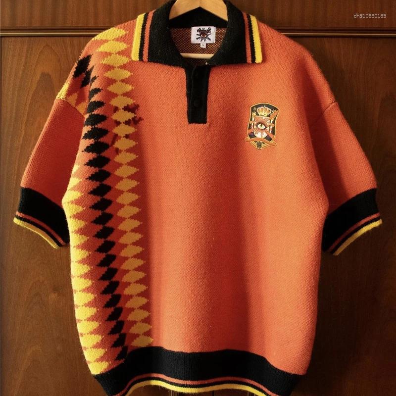 Men's Polos House Of Error Eye Truth Diamond Vertical Pattern Collision Jacquard Polo Collar Orange Short Sleeve Sweater Clothing