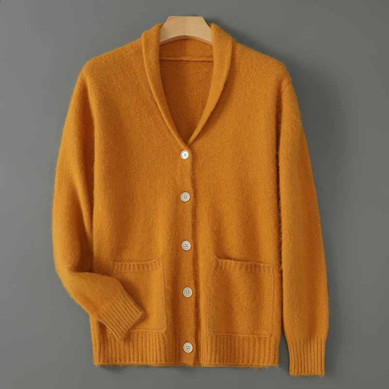 100 Mink Cashmere AutumnWinter Green Fruit Collar Cardigan Mens Loose Thick Sweater Coat Knitting Base Plus Size Clothing 250114Z