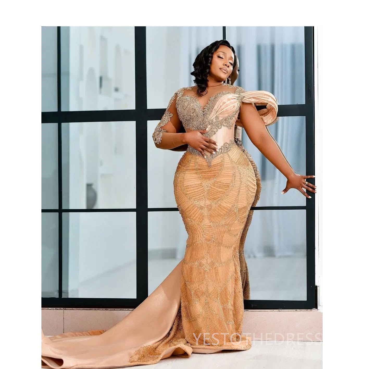 2025 Plus Size Aso Ebi Prom Dresses Mermaid Evening Dresses Illusion Sheer Neck Long Sleeves Appliqued Beaded Lace Birthday Dress Second Reception Gow