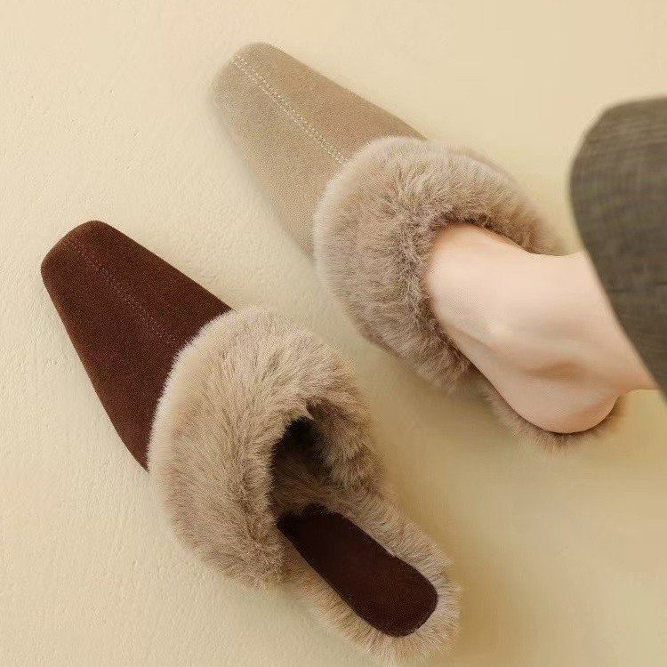 Women Slippers Plush Warm Chunky Heel New French Gentle Style Versatile Triple Brown Khaki Free shipping