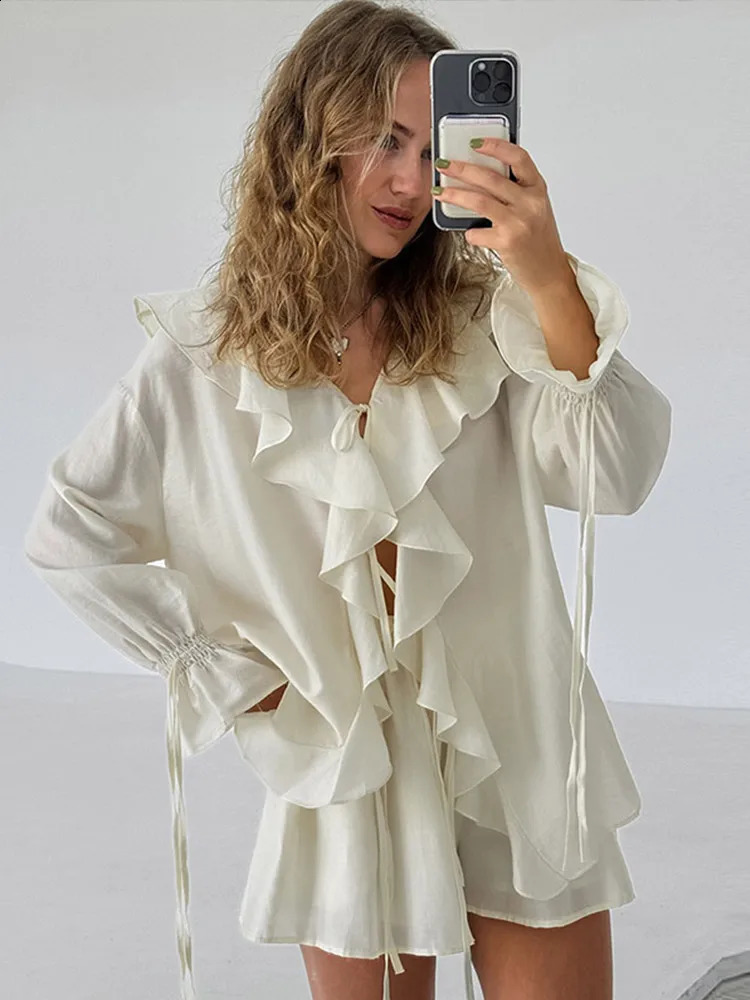 Casual Ruffles Shorts Suits Women Loose See Through V Neck Hollow Out Sets Female 2025 Spring Fashion Lace Up Sets Lady 250116