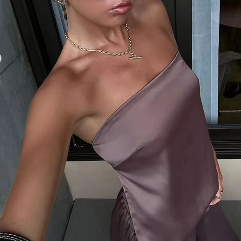 Sexy Strapless Top Long Pants Suit Fashion Hollow Out Off Shoulder Satin Two Piece Set Womens Solid Color Loose Outfit 250117