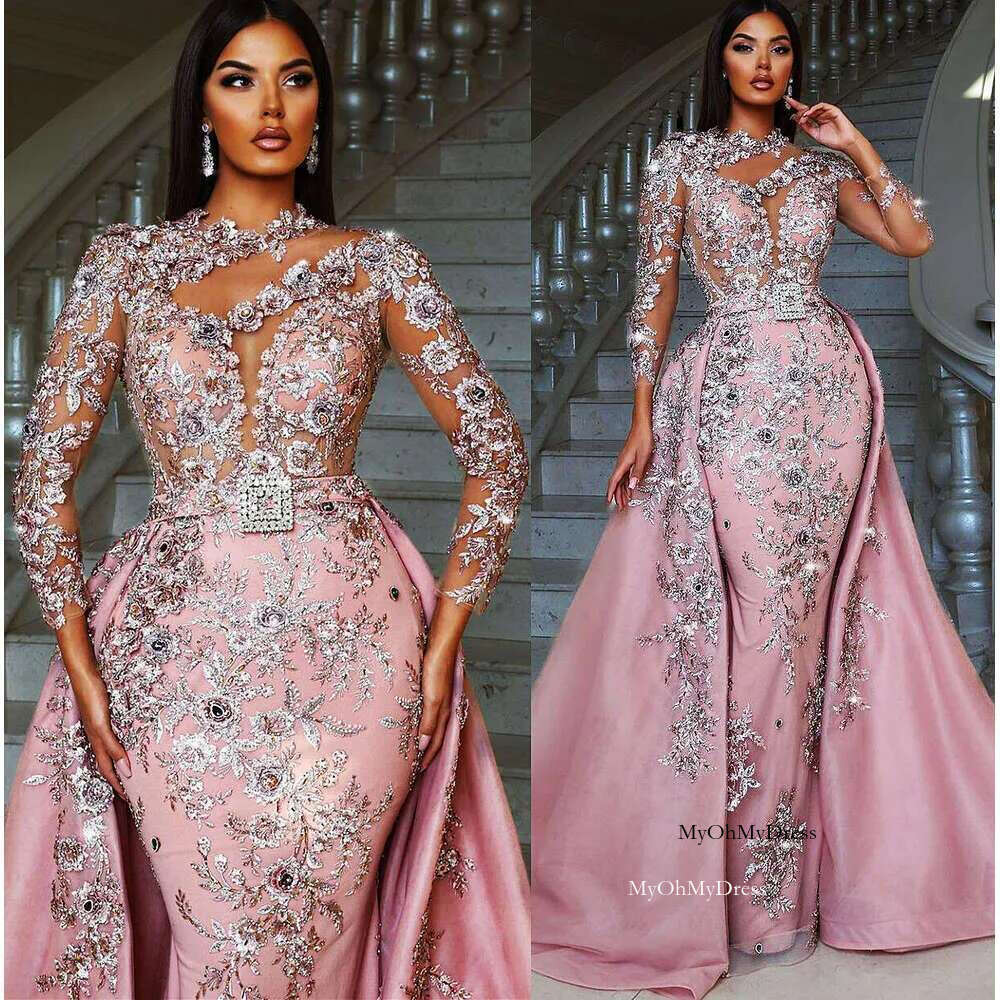 Arabic Pink Ebi Aso Mermaid Prom Dresses D Ral Appliques Evening Formal Party Second Reception Birthday Engagement Gowns Dress ZJ Ress 0121