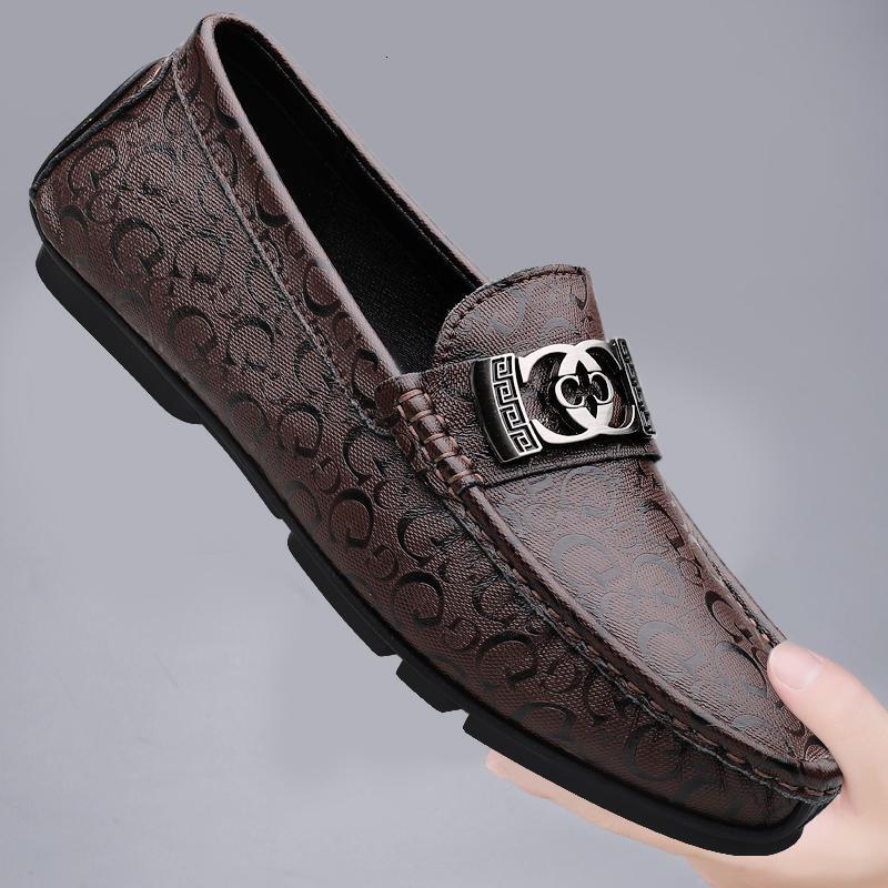 Light luxury bean shoes men's genuine leather 2023 new lazy shoes trendy brand British casual printed one foot loafers