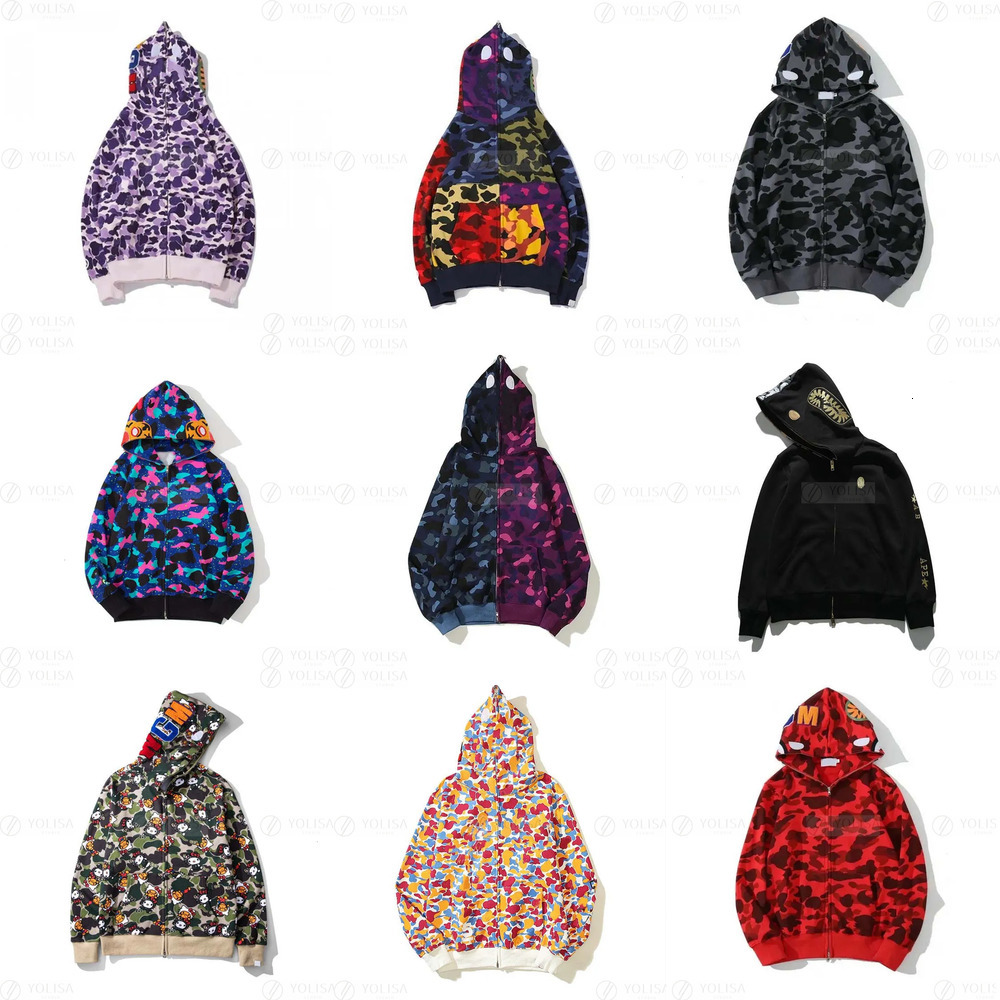 Bapehoode High Quality Mens Full Zip Up Shark Hoodie Camo Jacket Tie Dye Camouflage Embroidery Hood Jacket Y2k Streetwear Tracksuit Coat Womens Sweatshirt Hoody