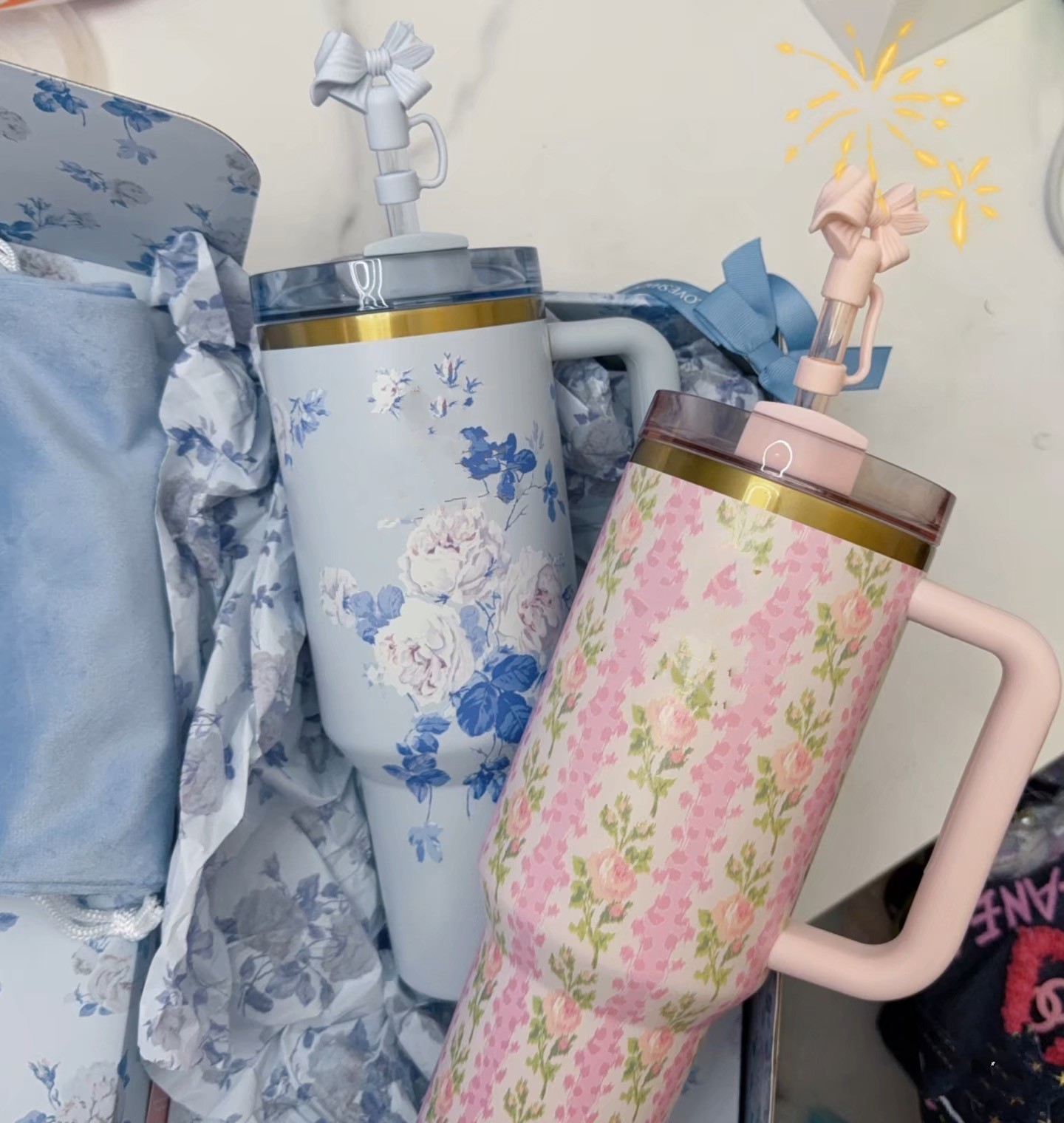 US Ship 40oz 14oz Mugs Pink Rose Blue Magnolia Holiday red Stainless Steel Tumblers with Silicone Handle Lid Straw Cups Mugs water bottle Floral Valentine's Day Gifts
