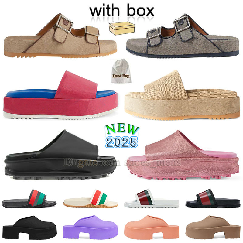 With Box Famous Designer Sandals Womens Luxury Embroidered Letter Canvas Slides Slippers Platform Sandels Womens Summer Beach Shoes Sandles Flats Mules Sliders