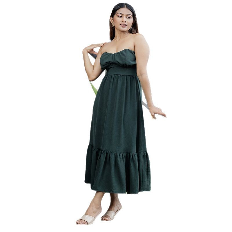 T5170 Women's 2025 Spring New Fashion Tube Top Sleeveless High Waist Slim Fit Pleated Long Dress