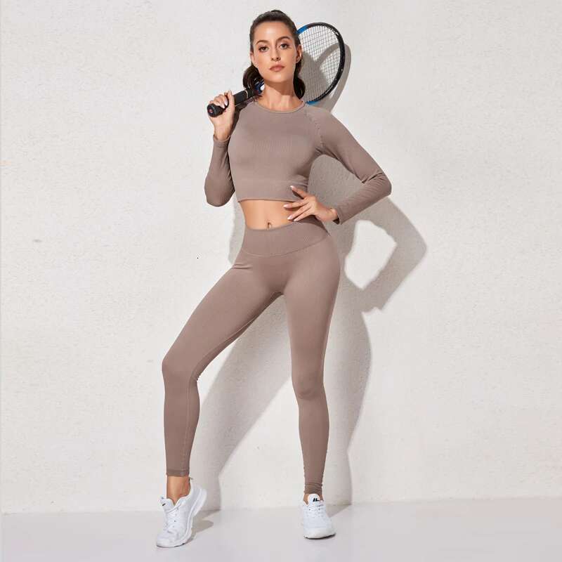 Women's Sportswear Set Workout Clothes Athletic Wear Sports Gym Legging Seamless Fiess Bra Crop Top Long Sleeve Yoga Suit