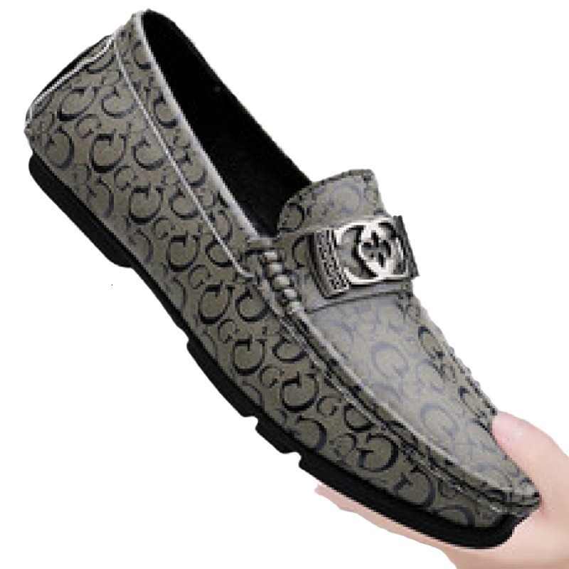 Light luxury bean shoes men's genuine leather 2023 new lazy shoes trendy brand British casual printed one foot loafers