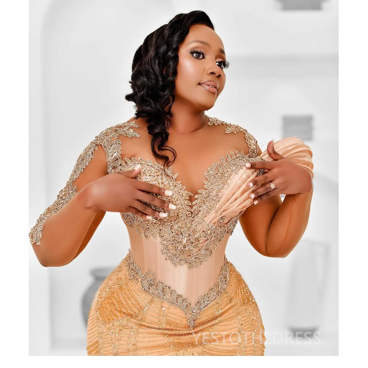 2025 Plus Size Aso Ebi Prom Dresses Mermaid Evening Dresses Illusion Sheer Neck Long Sleeves Appliqued Beaded Lace Birthday Dress Second Reception Gow